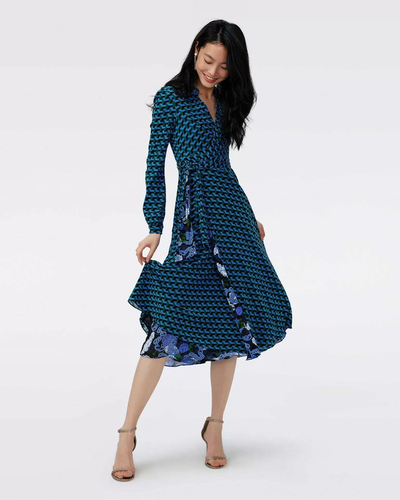 Kvinner Diane von Furstenberg Midi Kjoler>Dvf Phoenix Reversible Dress In Dragon Dance/3D Cube Emerald